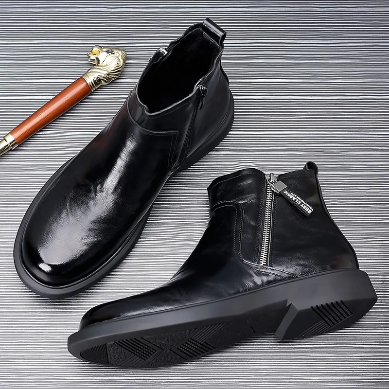 Fashion Men's Leather Ankle Boots for Men Autumn Winter Velvet Warm Men Chelsea High-top Boots Designer Casual Man's Dress Shoes - Image 4