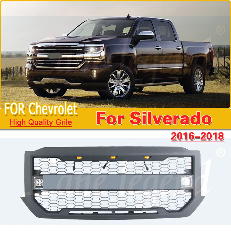 

For Chevrolet Silverado 2016-2018 Modified Grill Mask Grid Radiator Grille Front Bumper Net Light Assembly Auto Accessories