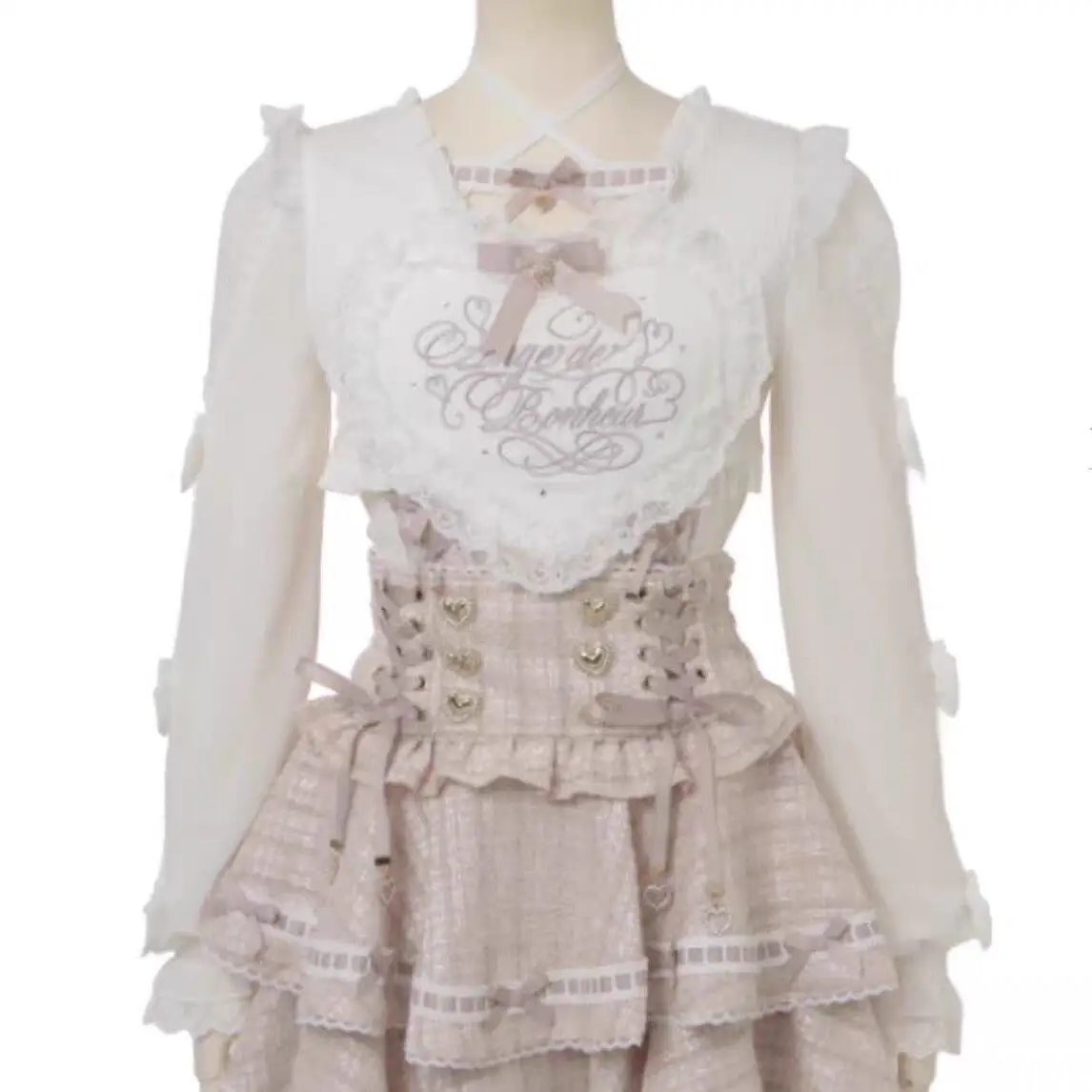 

Spring Autumn Kawaii Gothic Lolita Shirt Lace Trim Cross Neck Long Sleeve Top with Letter Embroidery Elegant Blouse for Women
