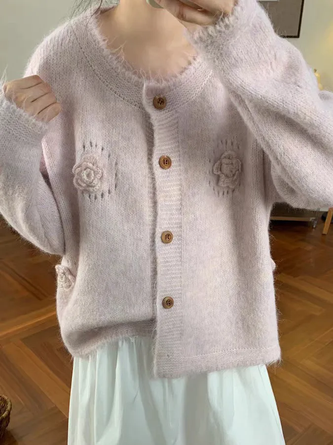 Suéter de Punto Versátil y Suave, Chaqueta de Punto para Otoño e Invierno, E, con Flores 3D en los Hombros, de Alta Ca...