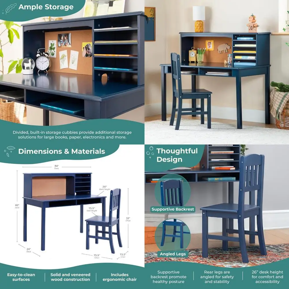 

Детский комплект стол+стул темно-синего цвета: деревянный учебный стол с полками и выдвижными секциями для хранения, идеально подходит для комнаты мальчика