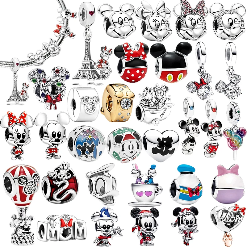 2026New Disney Mickey and Minnie Charm Beads Pendant Fit Original Snake Silver Bracelet Necklace Beads For Diy Jewelry Women Gif