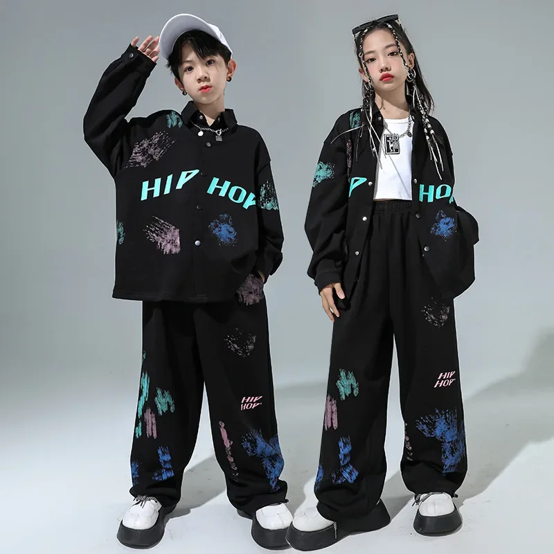 

Kids Boy Girl Streetwear Fashion Hip Hop Loose Long Sleeve Shirt Pant 2 Piece Sets Suits Children Tracksuits Performance Costume