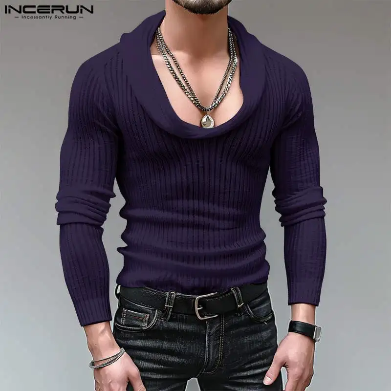 INCERUN Men T Shirt Solid Color Turtleneck Long Sleeve Knitted Casual Men Clothing Streetwear 2024 Fitness Fashion Male Tee Tops