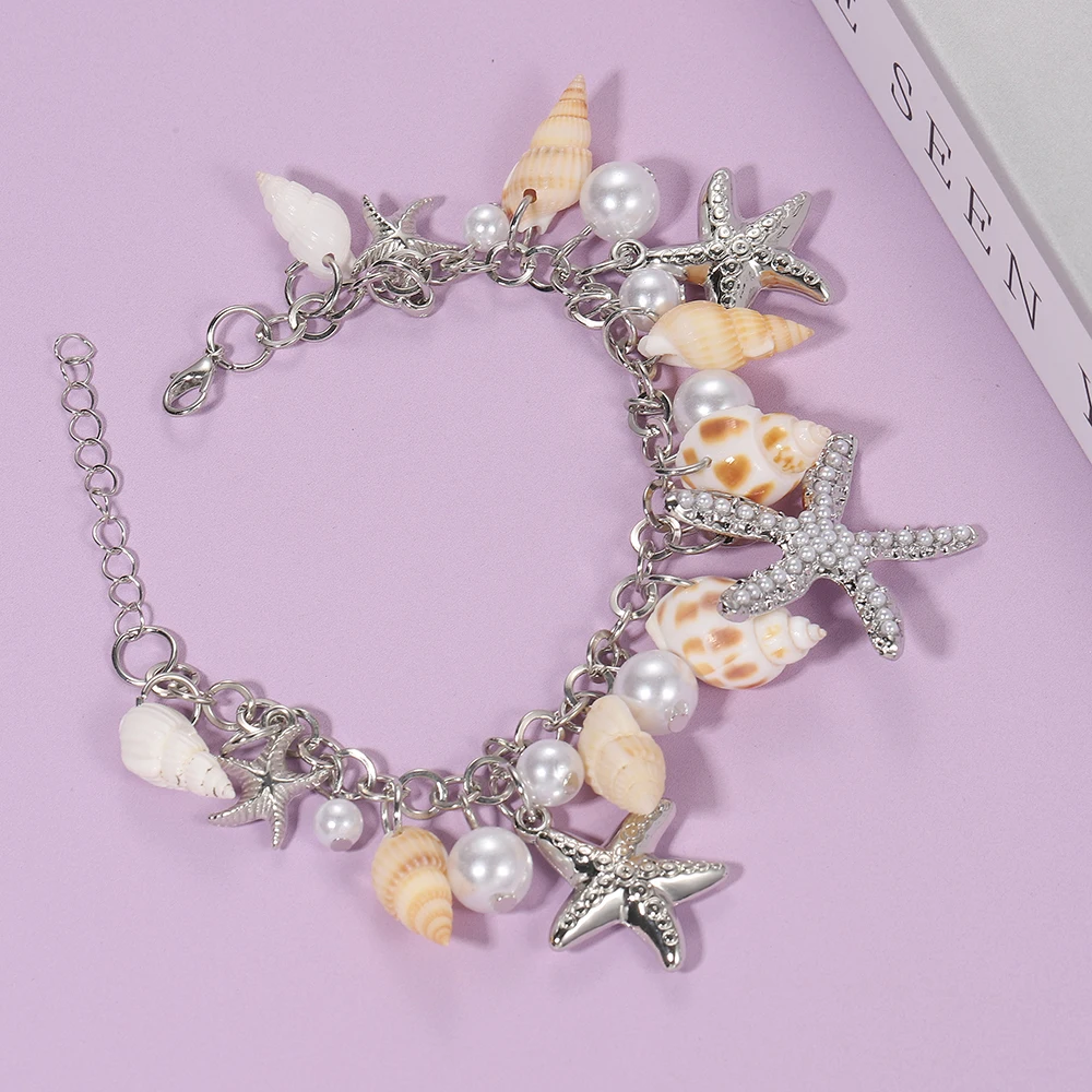 Heißes Armband mit Meeresmotiv für Damen, Seestern-Muschel-Anhänger mit Simulationsperle, Verstellbares Armband, Schmuckgeschenk für die Freundin – Detail 6
