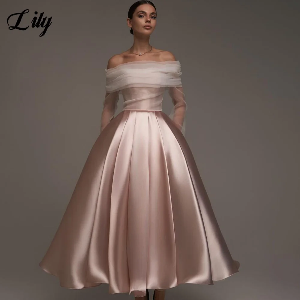 

Lily Pink Stain Evening Gown A Line Off Shoulder Prom Dress Blush Wedding Evening Dress Corset Back robes de soirée Customized