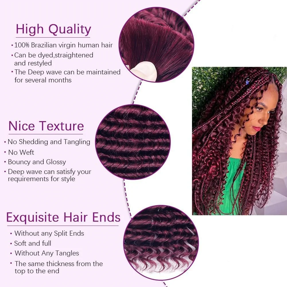 20inch Burgundy Deep Wave Braid Human Hair Bulk Extensions for Braiding No Weft 100g (1Pack-2Bundles) Red 100% Virgin Human Hair