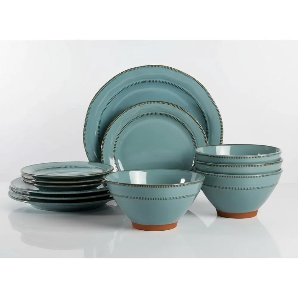 

Terranea Round Reactive Glaze Terra Cotta Dinnerware Set for 4, Teal - Rustic Artisanal Stoneware Plates Bowls