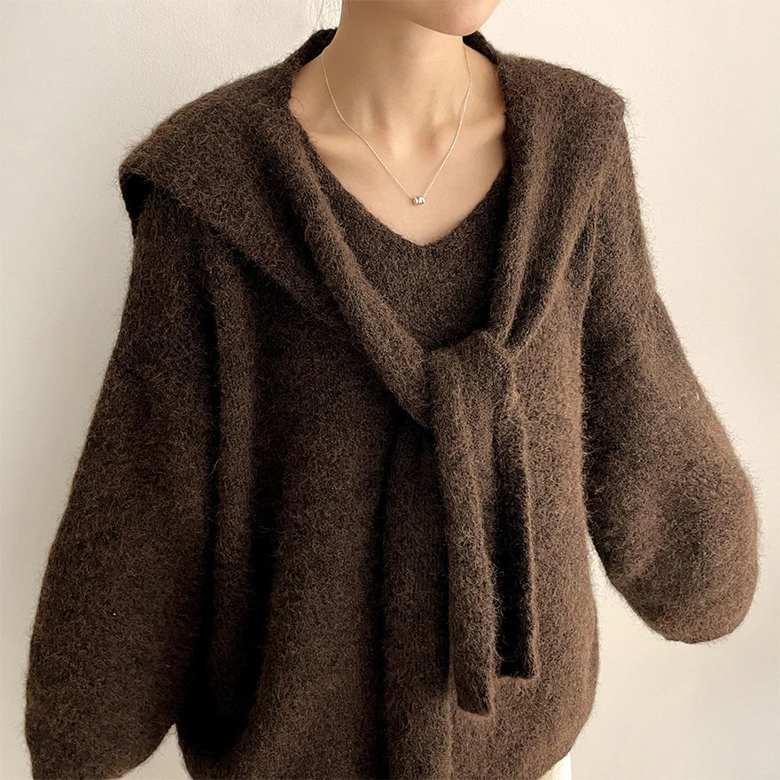 

Chic Winter Knitted Sweater V-Ne Loose Fit Soft Cozy oulder Included Pure Color Commute Sle Long Sve Women's Knitwear