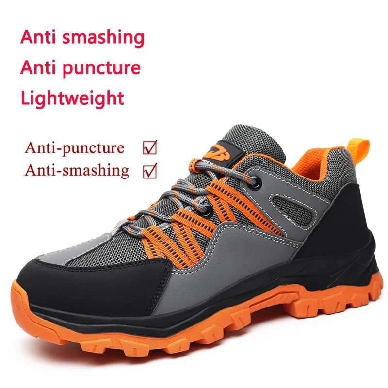 Sapatos de segurança laranja para esportes, sapatos de couro respiráveis, tecelagem voadora, sapatos de proteção anti-quebra, anti-piercing, tênis de trabalho, novos, 2024