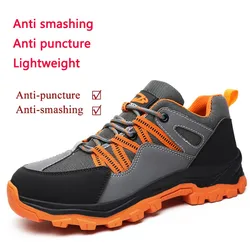 2024 New Orange Safety Shoes Breathable Cowhide Flying Weaving Sports Protective Shoes Anti Smashing Anti Piercing Work Sneakers