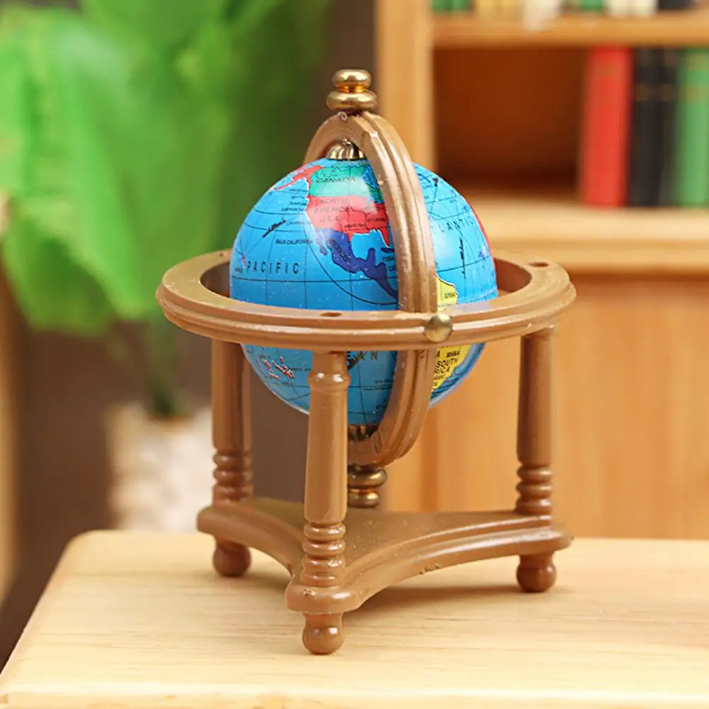 Miniature World Globe with Plastic Stand DIY Gifts Pretend Play Toys 1:12 Dollhouse Scene Ornament Blue Rolling Globe Model