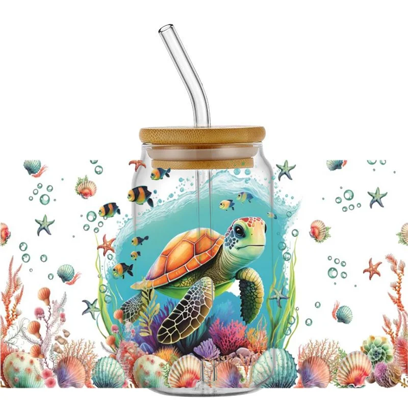 

Cartoon Sea turtles Pattern 16OZ UV DTF Cup Wraps Transfer Sticker For Glass Libbey Can Bottle Selfadhesive Washable DIY Custom