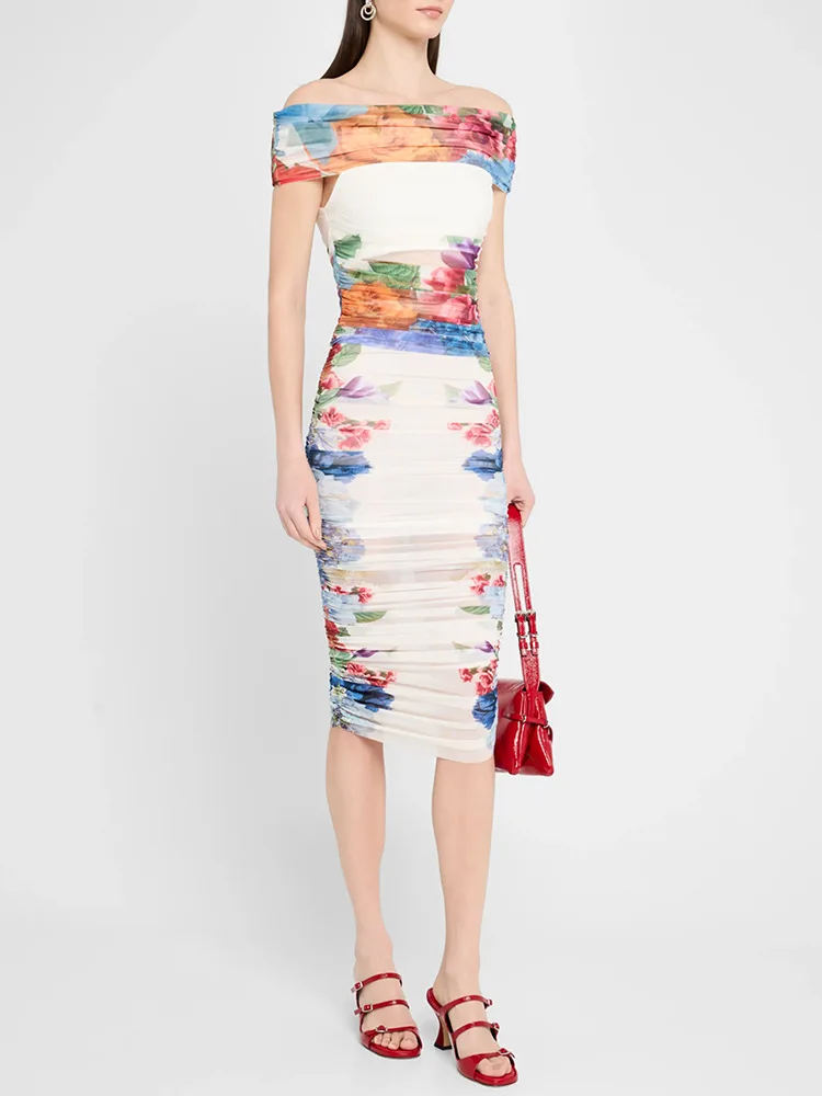 

2026 Women Summer Sexy Strapless Tie-dye Mesh Ruched White Two Pieces Skirt Bandage Set Celebrity Designer Fashion Women's Set