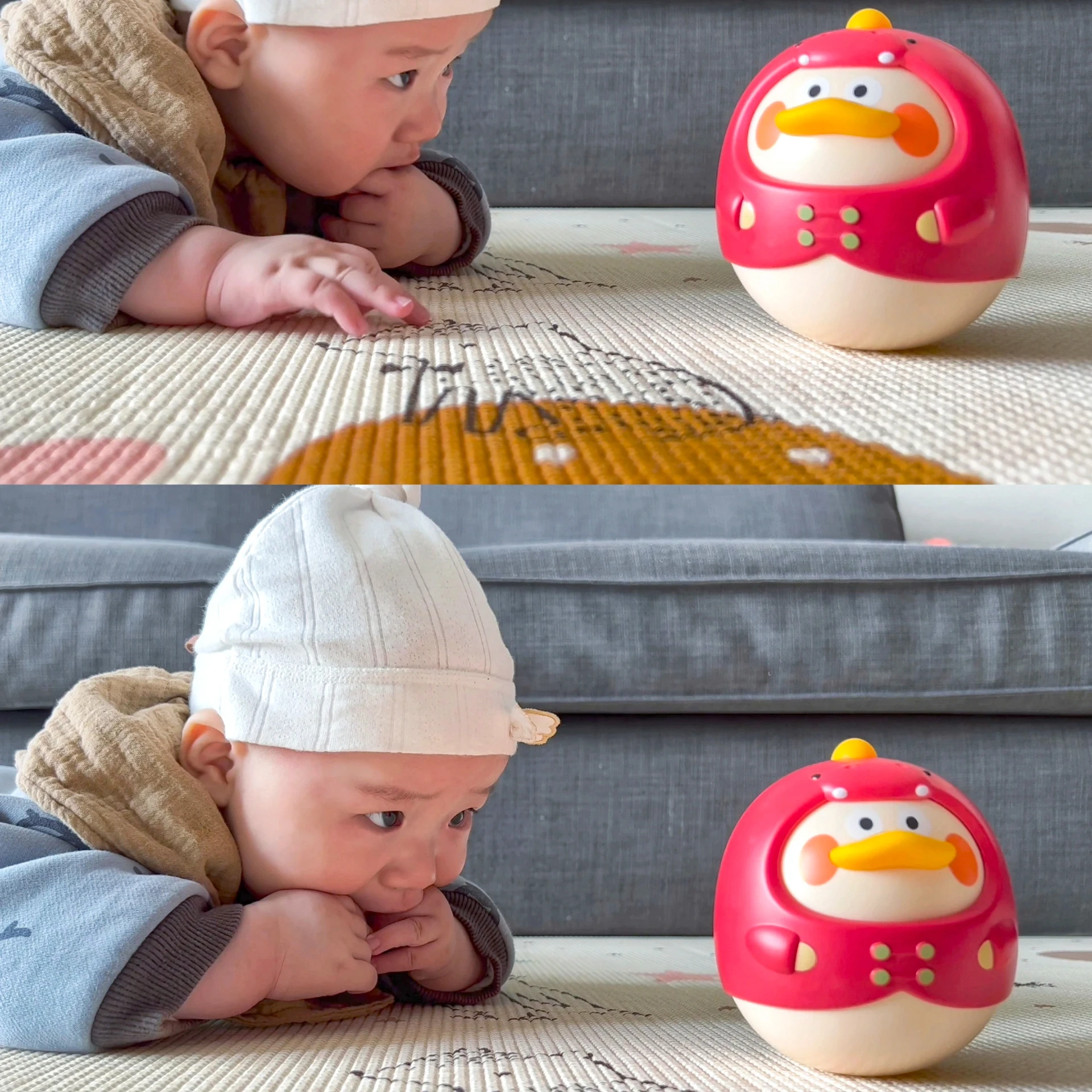 Dinosaurier-Enten-Tumbler-Beißring-Spielzeug mit Glockenrassel – Head-Up-Training und Krabbeltraining, sensorisches Babyspielzeug zur Entwicklung von Conc