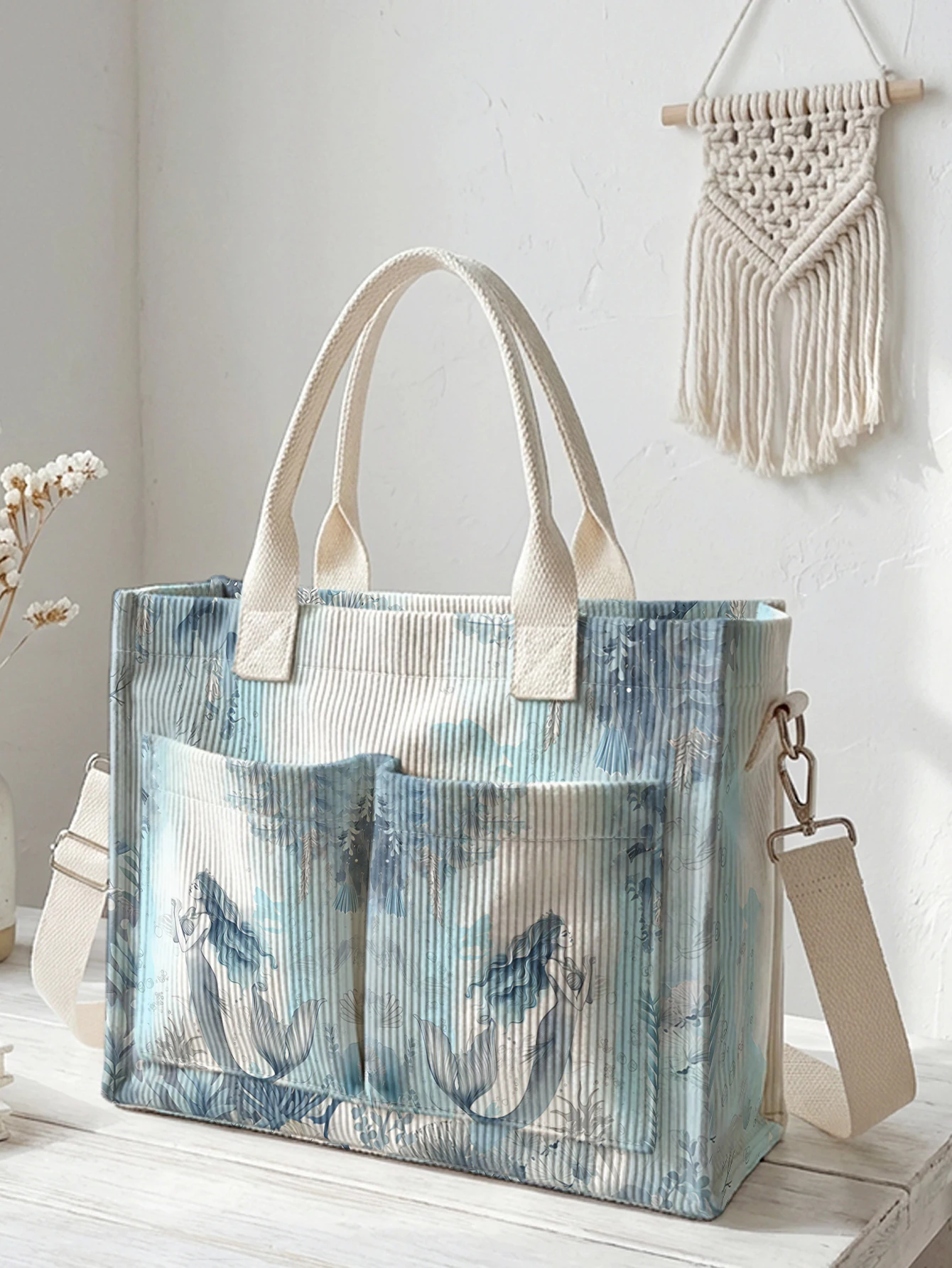 

Vintage Blue Mermaid Underwater Print Corduroy Tote Bag Large Capacity Multi Pocket Mermaid Lover Commuter Shoulder Bag