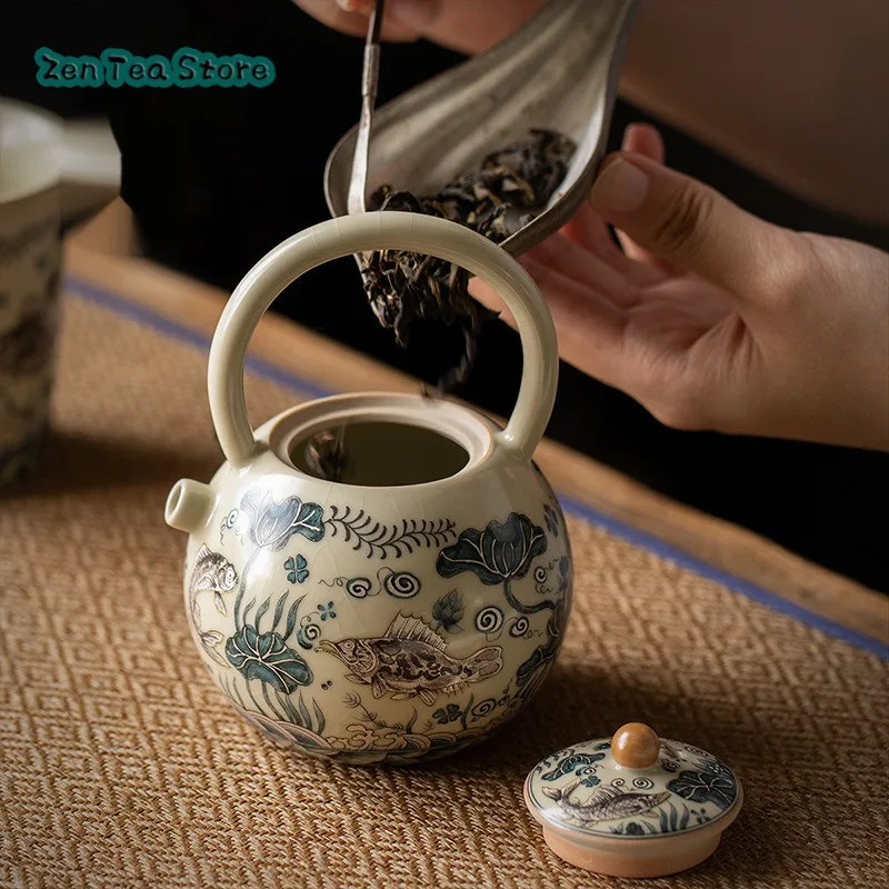 Beige Ru Kiln Jiquan Pot Household Ceramic Teapot Lifting Beam Pot Single Pot High-end Teapot Is Not Hot Kung Fu Tea Set