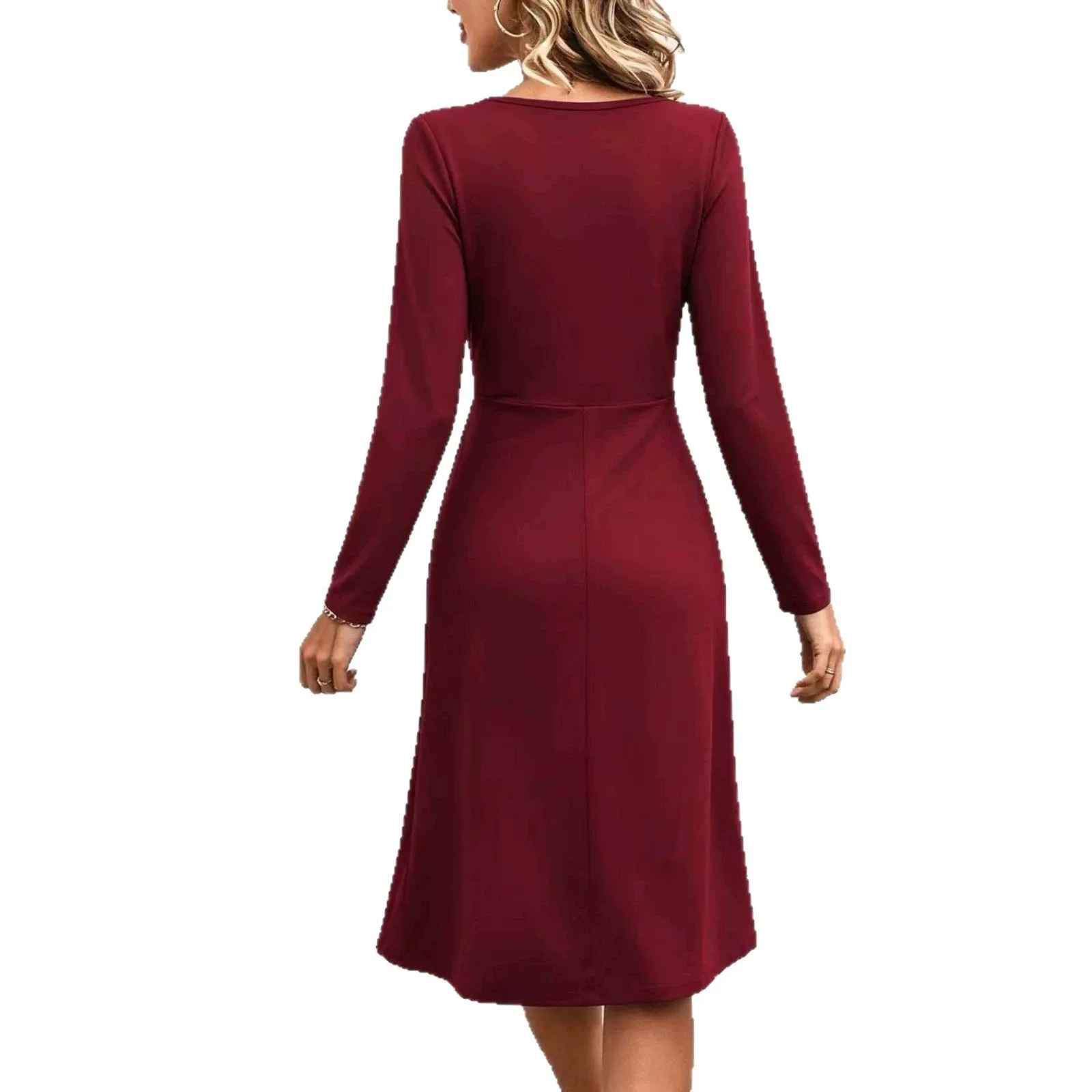 Neues Damenkleid mit V-Ausschnitt, überkreuzter Taille, gerafften Langen Ärmeln, Midi-Maxi-Länge – Detail 13