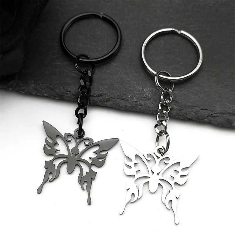

Cute Butterfly Stainless Steel Hollow Key Rings for Women Men Silver Black Color Animal Key Chain Party Jewelry Gift