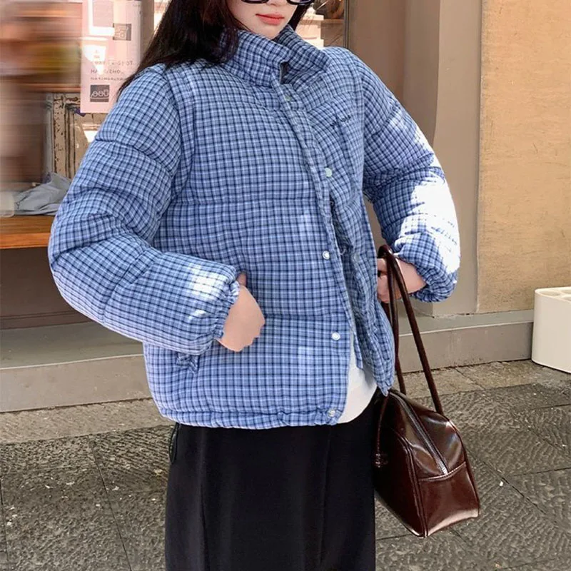 معطف 2025 جديد شتاء دافئ الأزرق منقوشة للإزالة كم المرأة سترة قطن فضفاضة سميكة موضة أسفل المرأة سترة قطن H687 #5