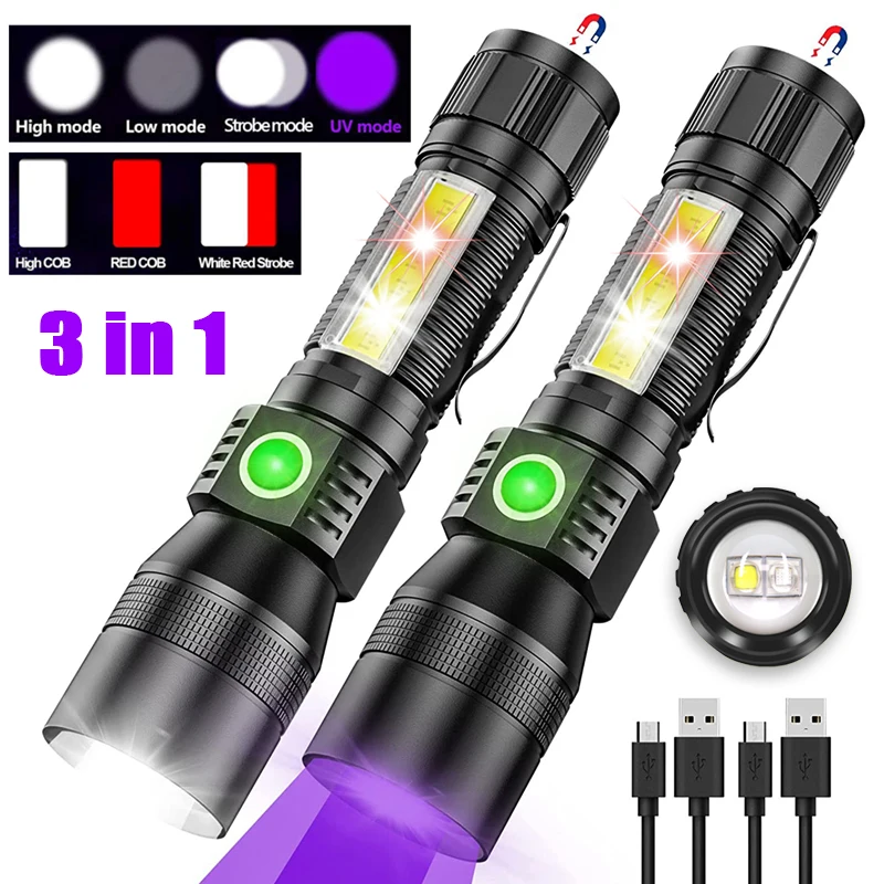 UV Flashlight Ultraviolet Light Multifunctional Rechargeable Flashlight Zoomable Magnetic LED Torch Stains Detection Black Light