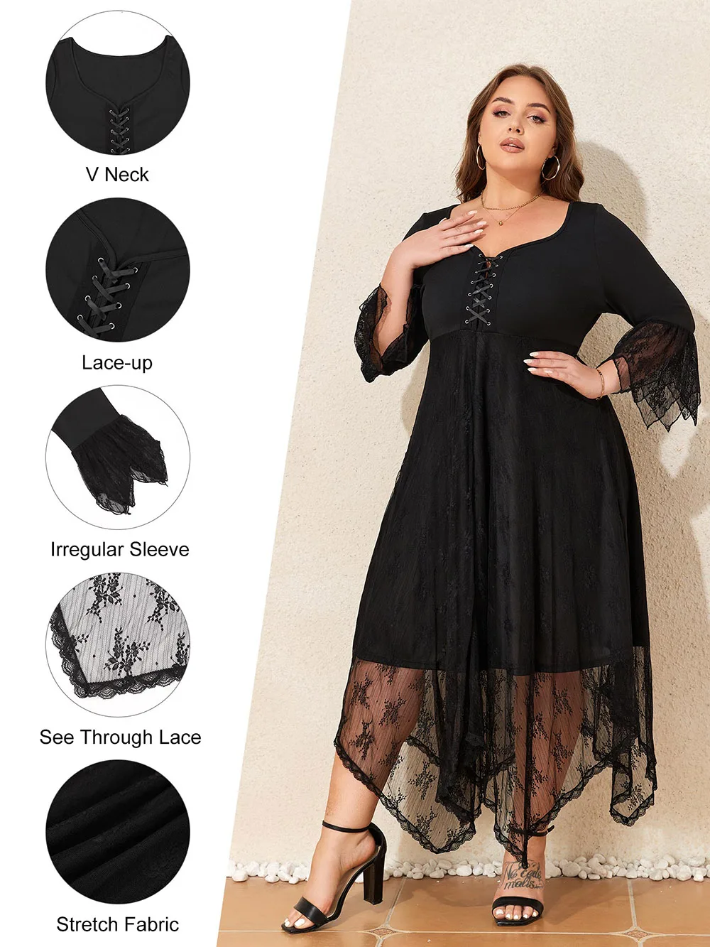 Plus Size Black Women's Dress 2024 Autumn Large Size Gothic Lace Halloween Dress Korean Fashion Oversized Slim Female Clothing