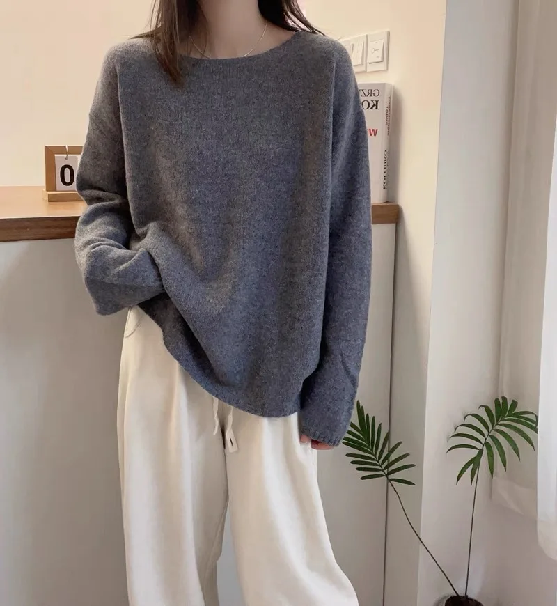 2023 autumn and winter new 100% cashmere sweater women\'s crewneck sweater loose bottom pullover