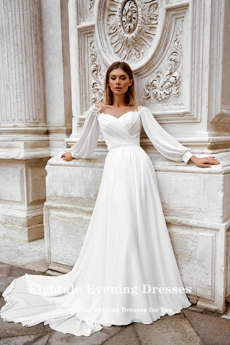 

Eightale Arabic Wedding Dresses Lace Customized Long Sleeve Backless White Ivory Floor Length Bridal Gowns Vestidos De Novia
