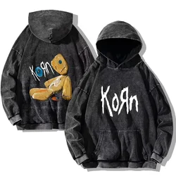 Korn Rock Band Vintage Washed Hoodies Korn Rock Hooded Sweatshirts Punk Oversized Long Sleeves Fashion Casual Pullover Unisex
