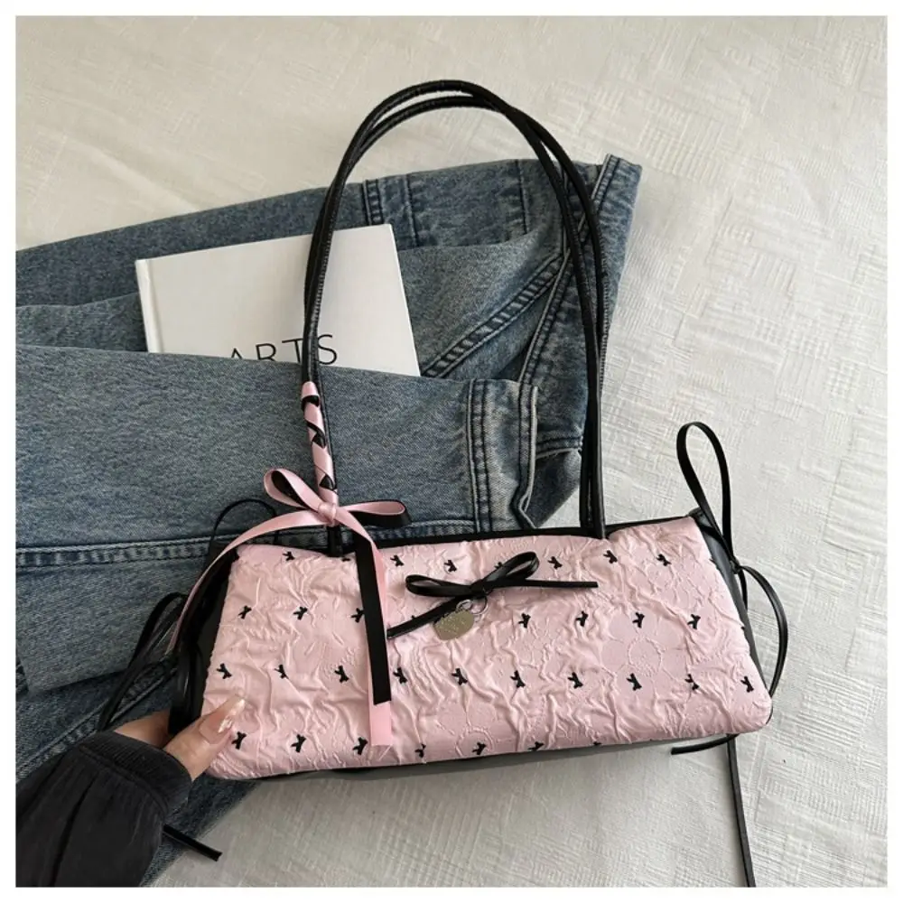 Elegant Korean Bow Decoration Women's Handbag PU Material Niche Style Shoulder Bag Zipper Closure Square Bag Casual Use
