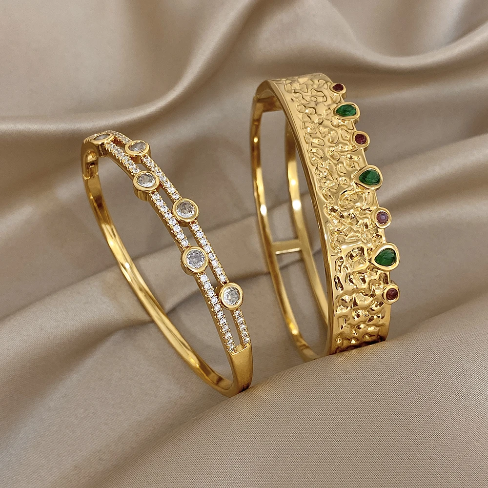 Greatera Konkav Konvex Runde Zirkonium Kupfer Armband Emaille Wasser Tropfen Edelstahl Geometrie Hohl Breiten Armreif Für Frauen