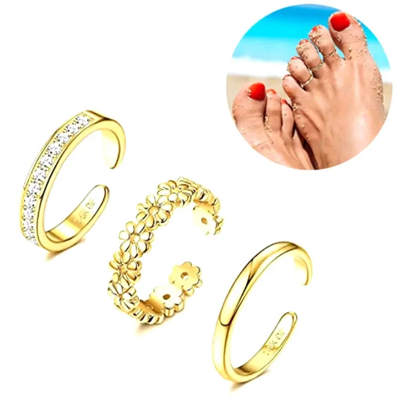 3pcs Gold Plated Dazzling Zircon Toe Ring for Women Girls Classic Adjustable Fashion Summer Beach Foot Jewelry view 6