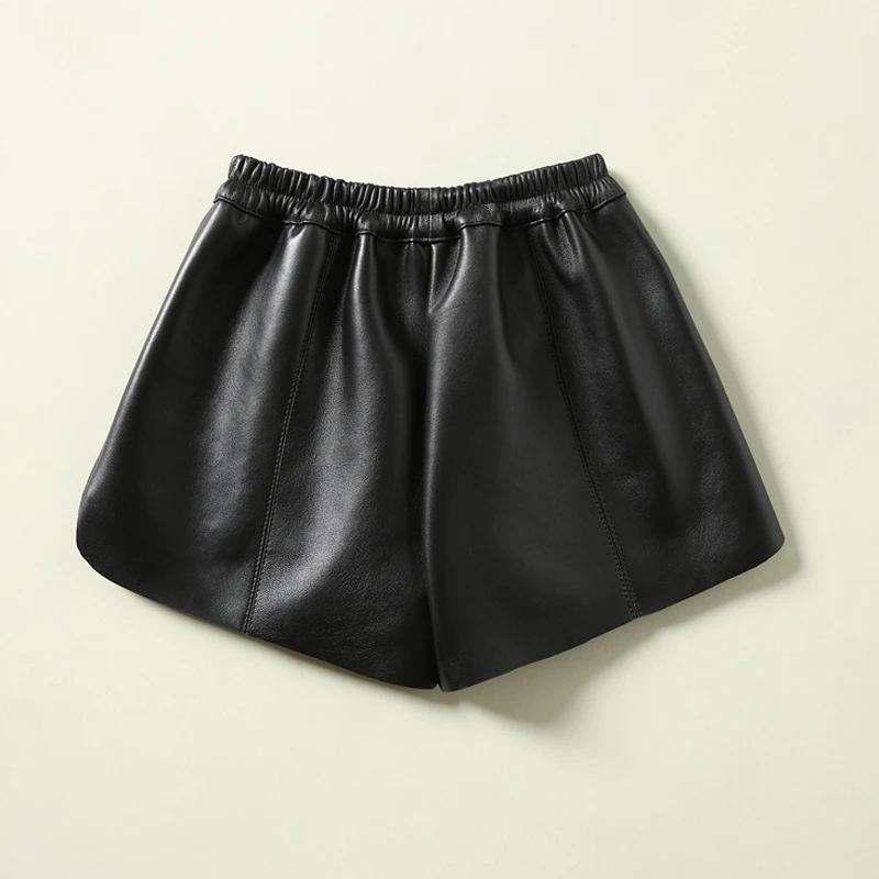 2023 Fashion Clothing New Genuine Leather Shorts Women Elastic Waist Booty Mini Sexy Short Feminino Black Pocket