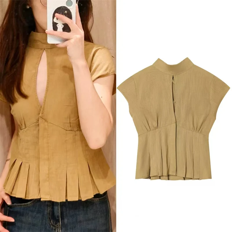 Chemise Femme Été 2026 Nouvelle Collection Kaki Manches Courtes Nœud Décoratif Ourlet Creux Style Dé