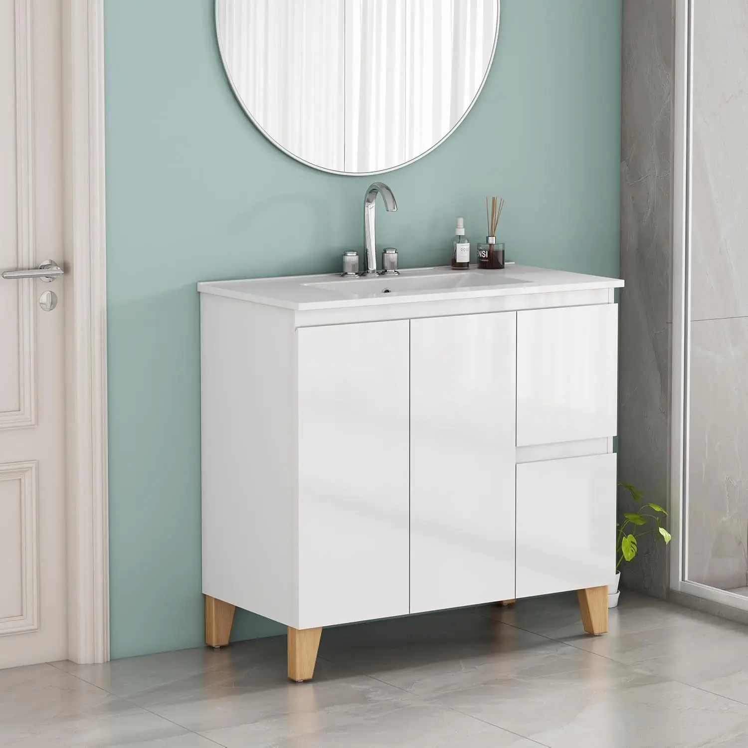 

36" Freestanding Waterproof Bathroom Cabinet Soft-Close Door Adjustable Shelf Solid Wood Feet Modern Home Glossy White, Custom