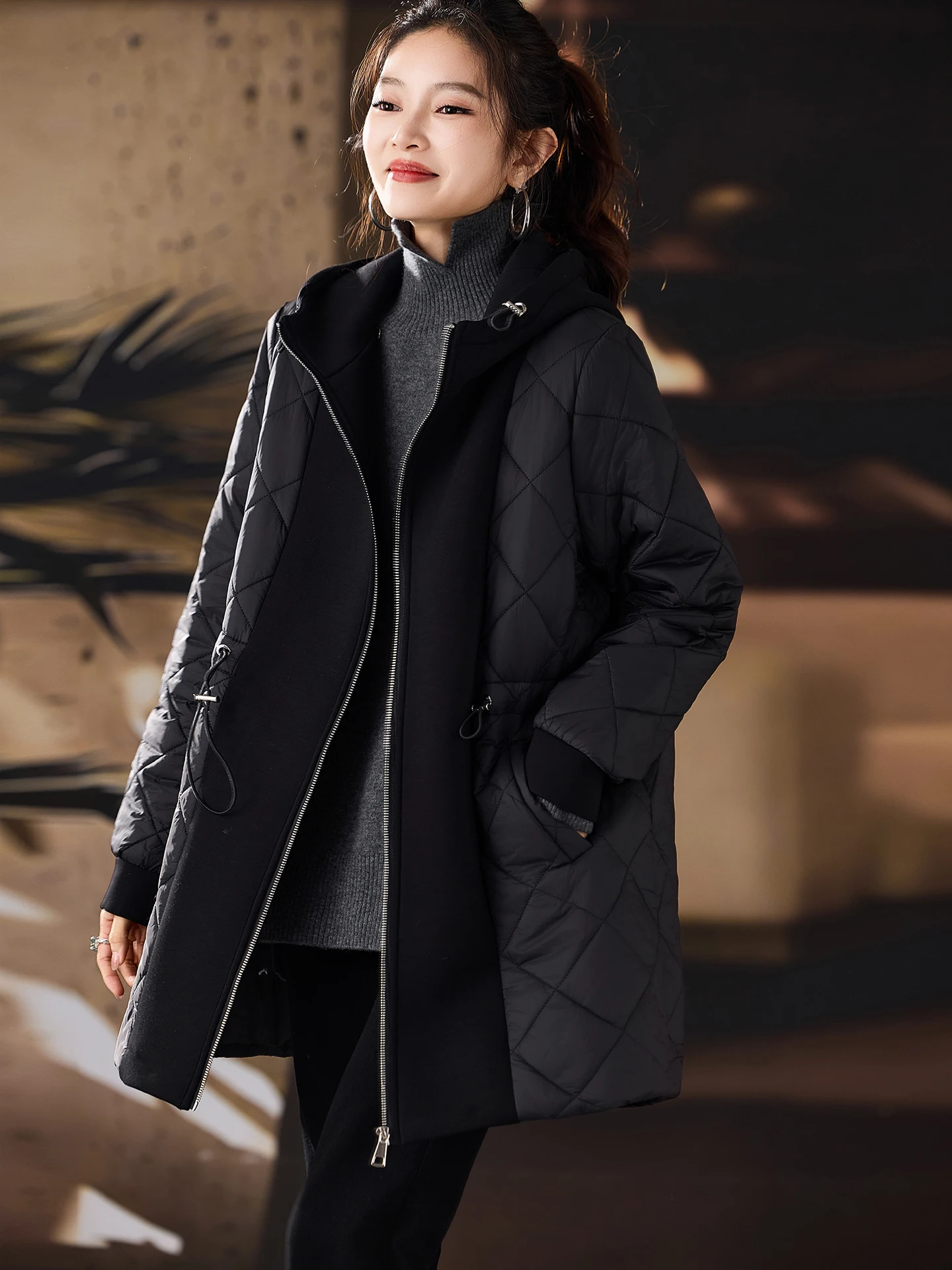 

Thickened Black Hooded Cotton Jacket Women's Mid-Length Oversize Winter Coat Street Style Pure Color Chinese Brand 2025 New A...