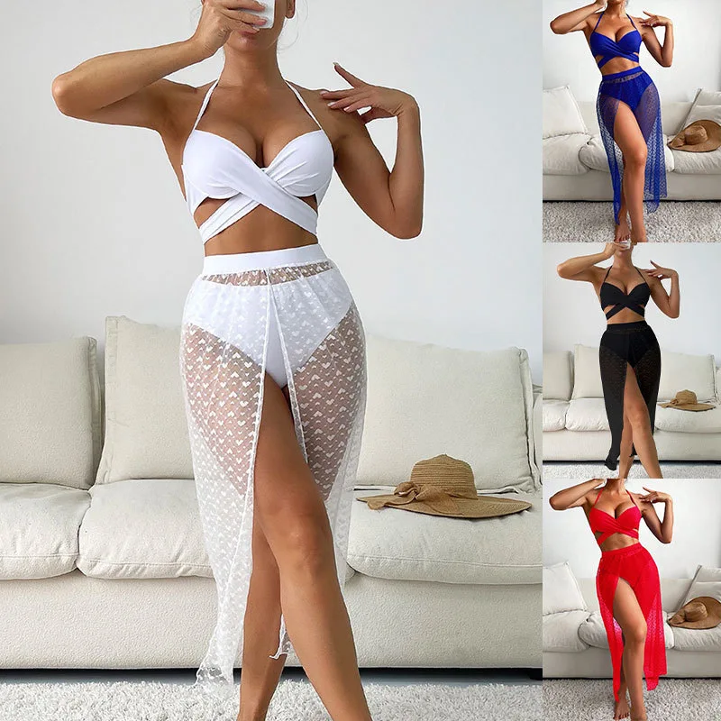 2026 New Style European-style Solid-color Sexy Net-sheer Dress Three-piece Swimsuit Bikini Beachwear