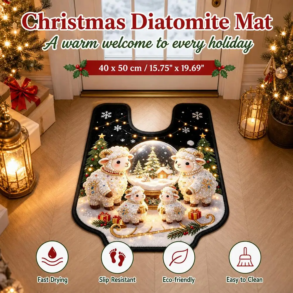 Christmas Diatomite Mat U Shaped Toilet Sheep Snow Globe Absorbent Fast Drying Non Slip Washable Bathroom Contour Rug Pad