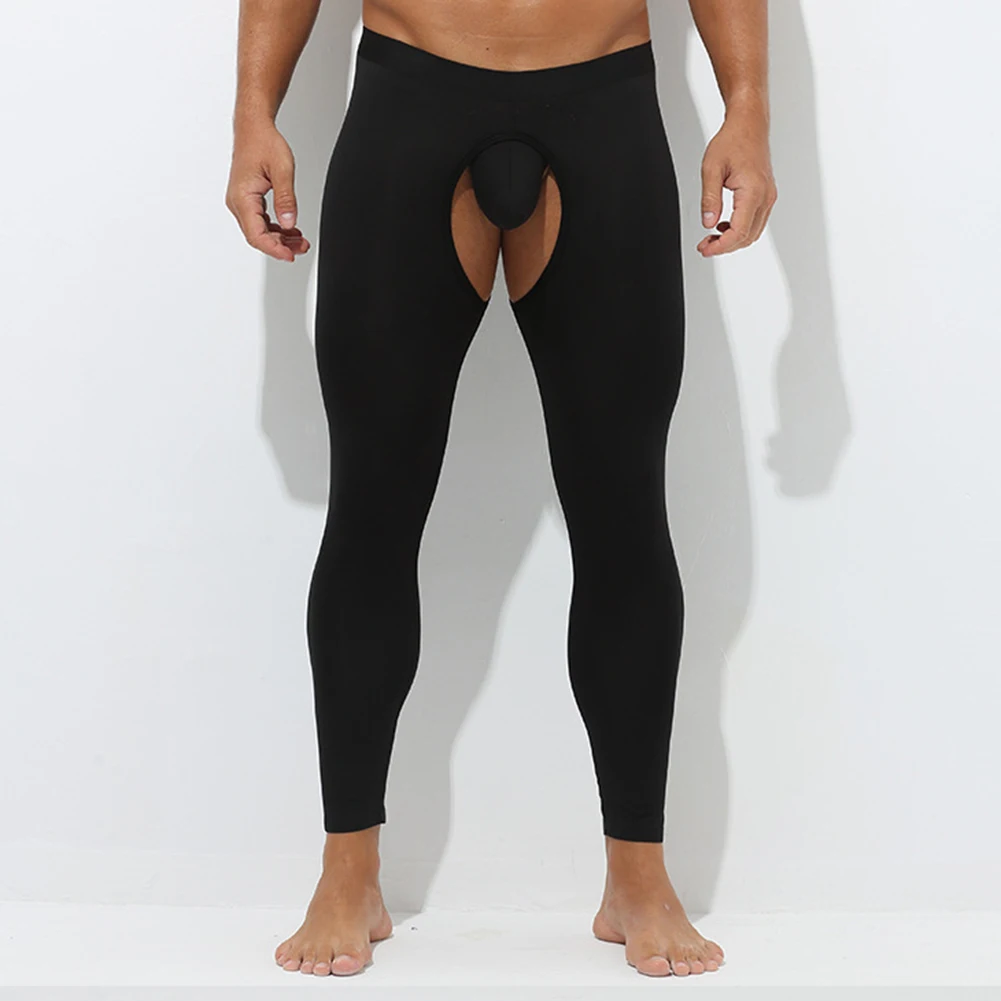 

Mens Open Crotch Warm Pants Thin Style Leggings Tight Inner Wear Hollow Elastic Men's Thermal Underwear Bottom Hot Slim Men Pant