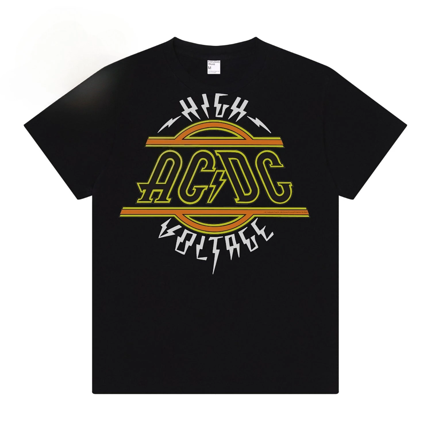 

AC/DC High Voltage Debut Album Graphic T-Shirt – Hard Rock Band Merchandise with Retro Ring-Style Typography, Neon Accent Stripe