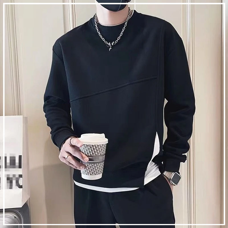 Youth Trend Insert Montage Simplicity Versatile Sense of Design Fake Two Pieces Men\'s Long Sleeved Sweatshirt Autumn New 2024