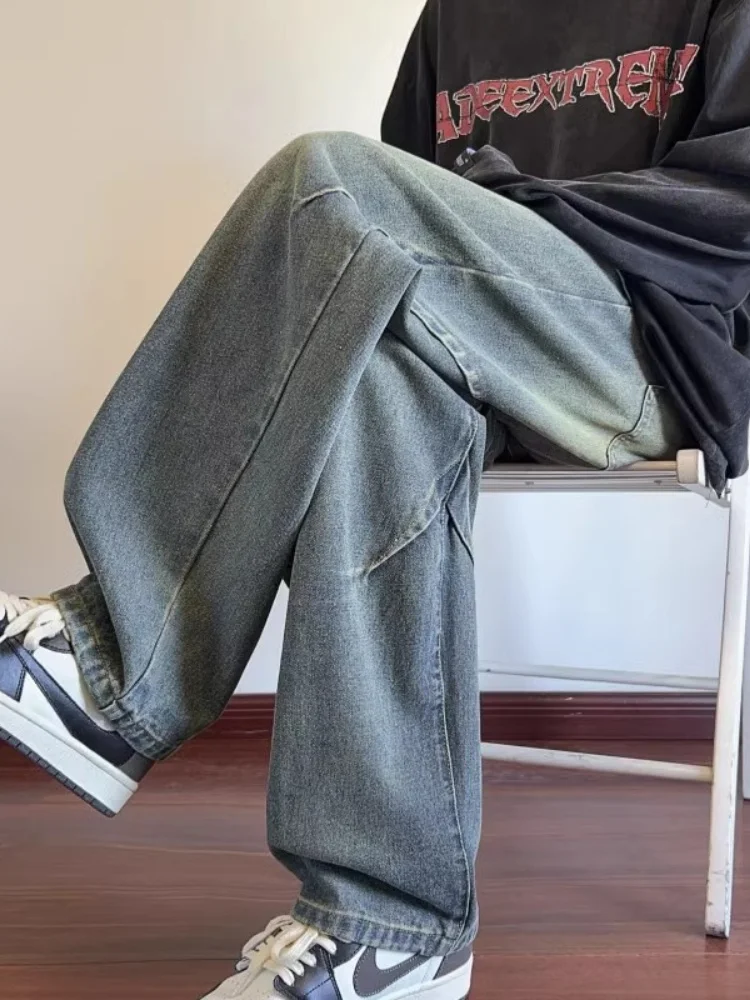 

Мужские джинсы в американском ретро-стиле с высокой талией, плиссированным дизайном, прямым кроем и широкими штанинами, длинные брюки для осени, молодежный тренд