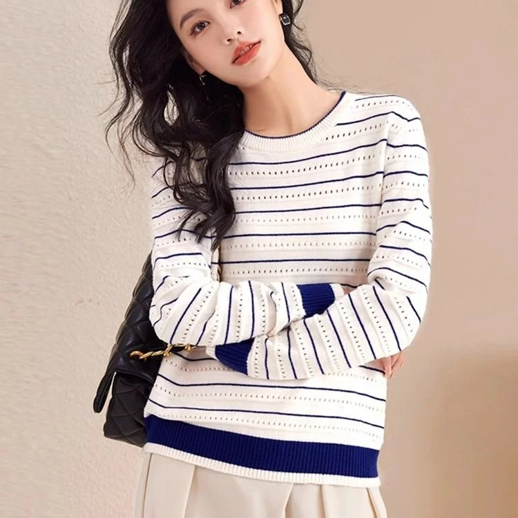 

Высококачественный свободный женский трикотаж, полосатый цветной свитер Blo, осенний уличный свитер, ранняя осень, модный хлопок, полиэстер, круглый Ne