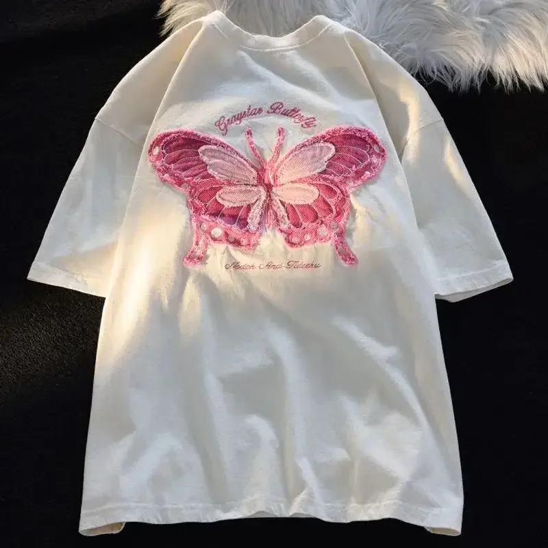 Camiseta de mariposa bordada tridimensional de algodón de estilo americano para mujer, camiseta de manga corta, ropa informal suelta de verano