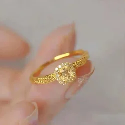 24K Real Gold Square Sugar Citrine Ring 9999 Simple Fashion Ladies Open Ring Hand Ring Jewelry