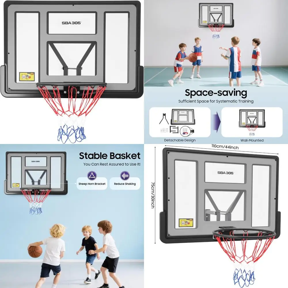 Comodo canestro da basket a parete 44 per interni ed esterni con tabellone in PET infrangibile e supporto su palo per uso domestico