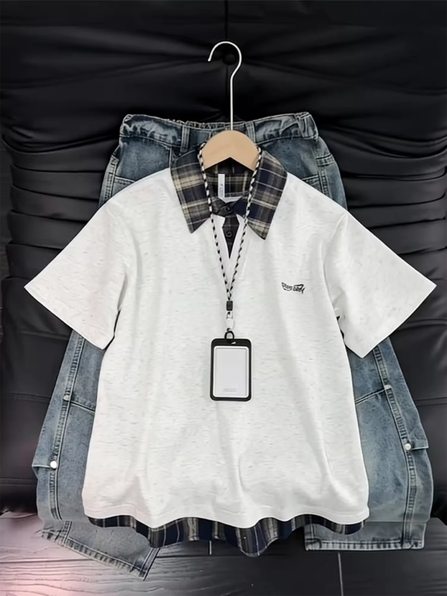 

Мужская футболка Cleanfit с имитацией двухслойности, в американском ретро-стиле, с клетчатым воротником, дышащая, антибактериальная