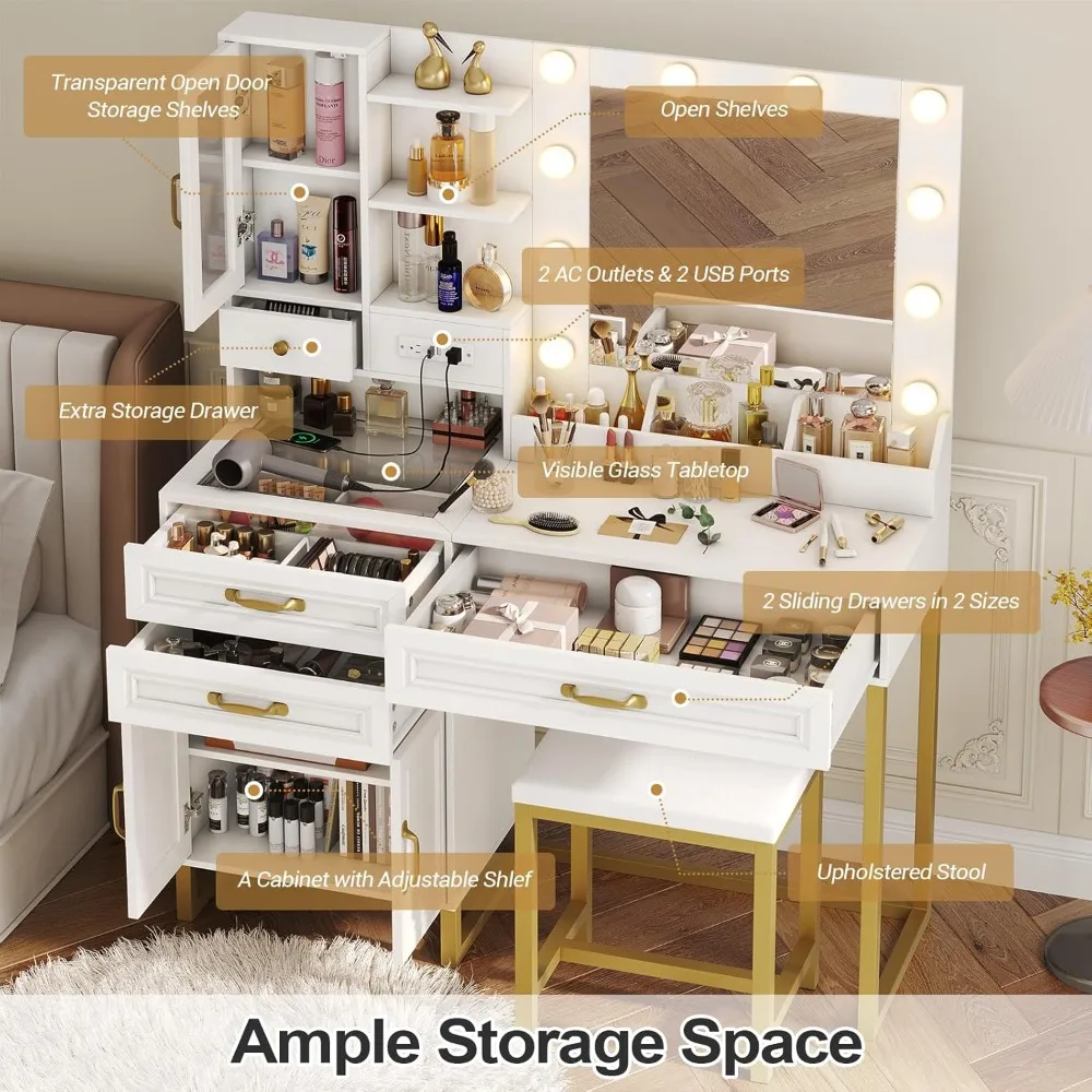 Makeup Vanity Desk with Mirror and Lights & Charging Station & Makeup Stool, Vanity Table Set with Glass Top Storage Drawer