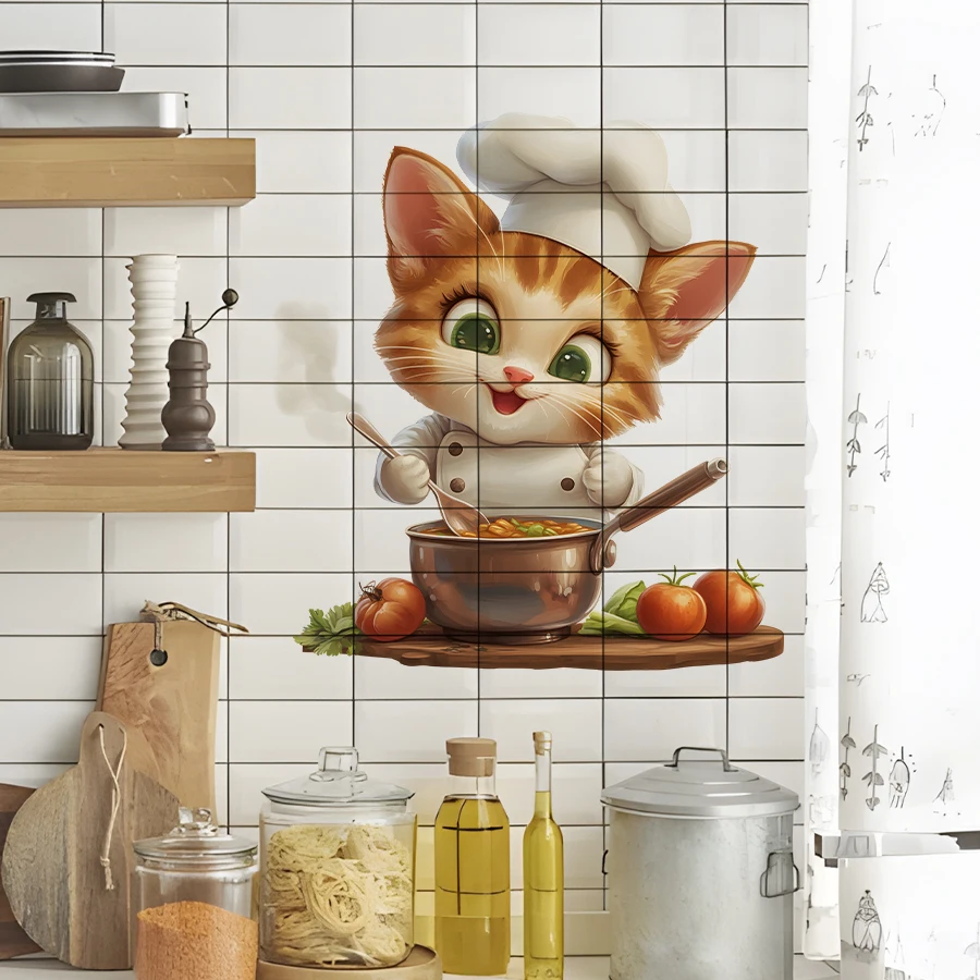 Niedlicher Chef-Katzen-Wandaufkleber, Cartoon-Küchenthema, Vinyl-Aufkleber, abnehmbare selbstklebende Kunst für Zuhause, Café, Kinderzimmer