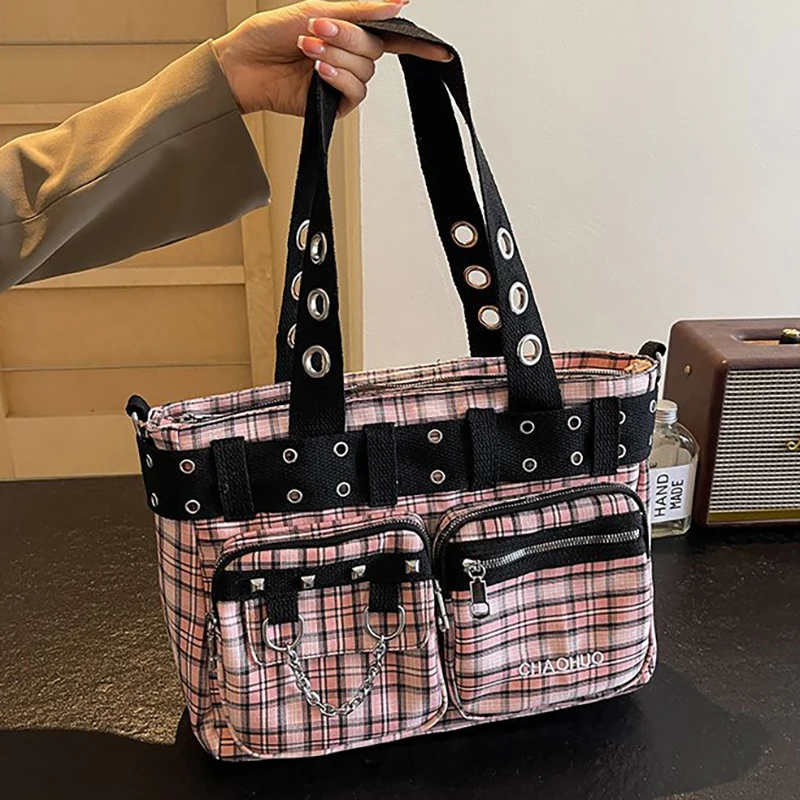 

Richme Gothic Punk Tote Bags Women Y2K Large Capacity Moto Style Shoulder Bolso Mujer Designer Luxury Plaid Crossbody Bag Female